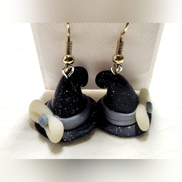 Whimsical sparkly black blue white bow witch dangle earrings - Picture 3 of 6